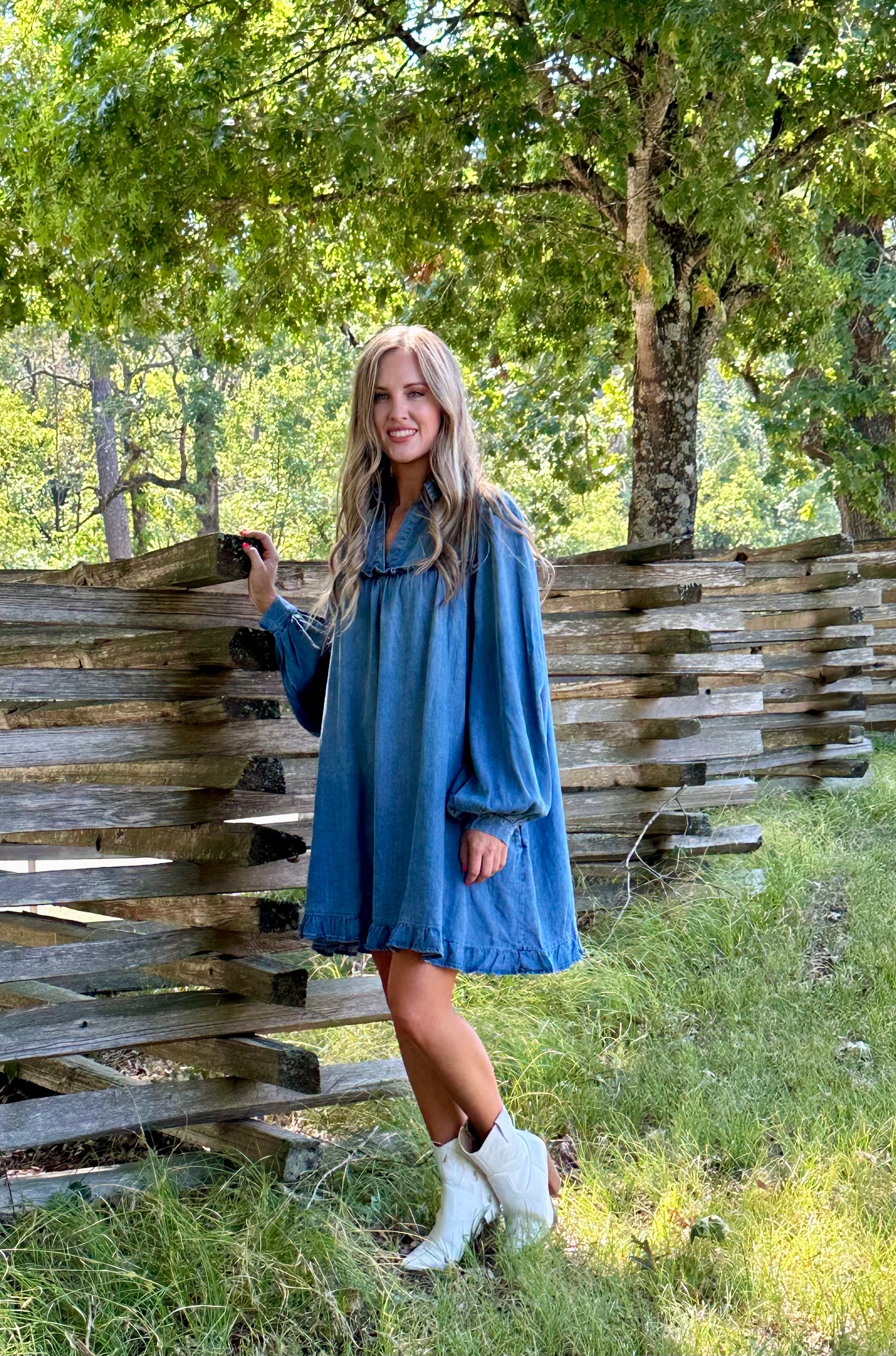 WASHED DENIM RUFFLE BOTTOM DRESS