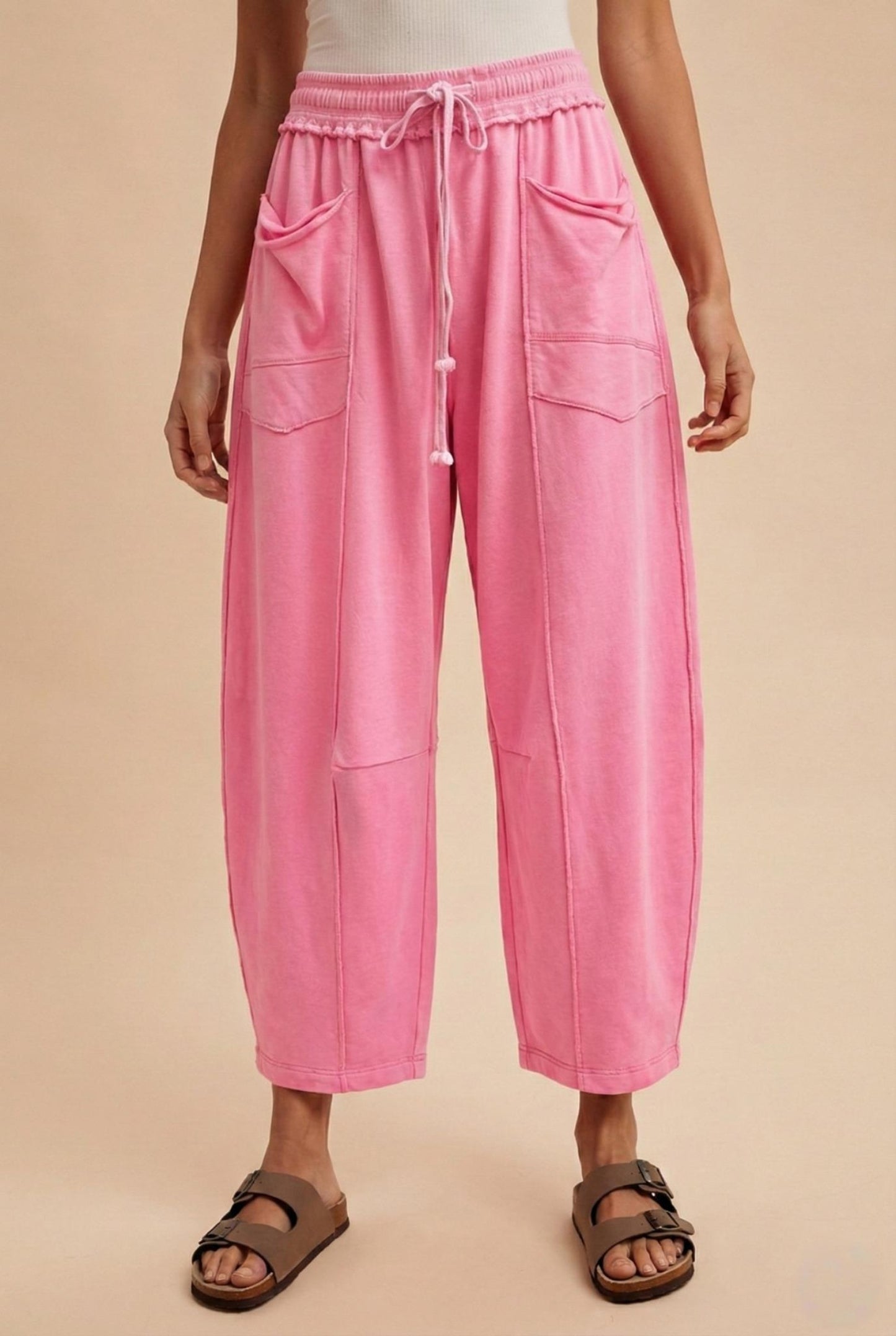 Mineral Wash Barrel Knit Pants - Pink