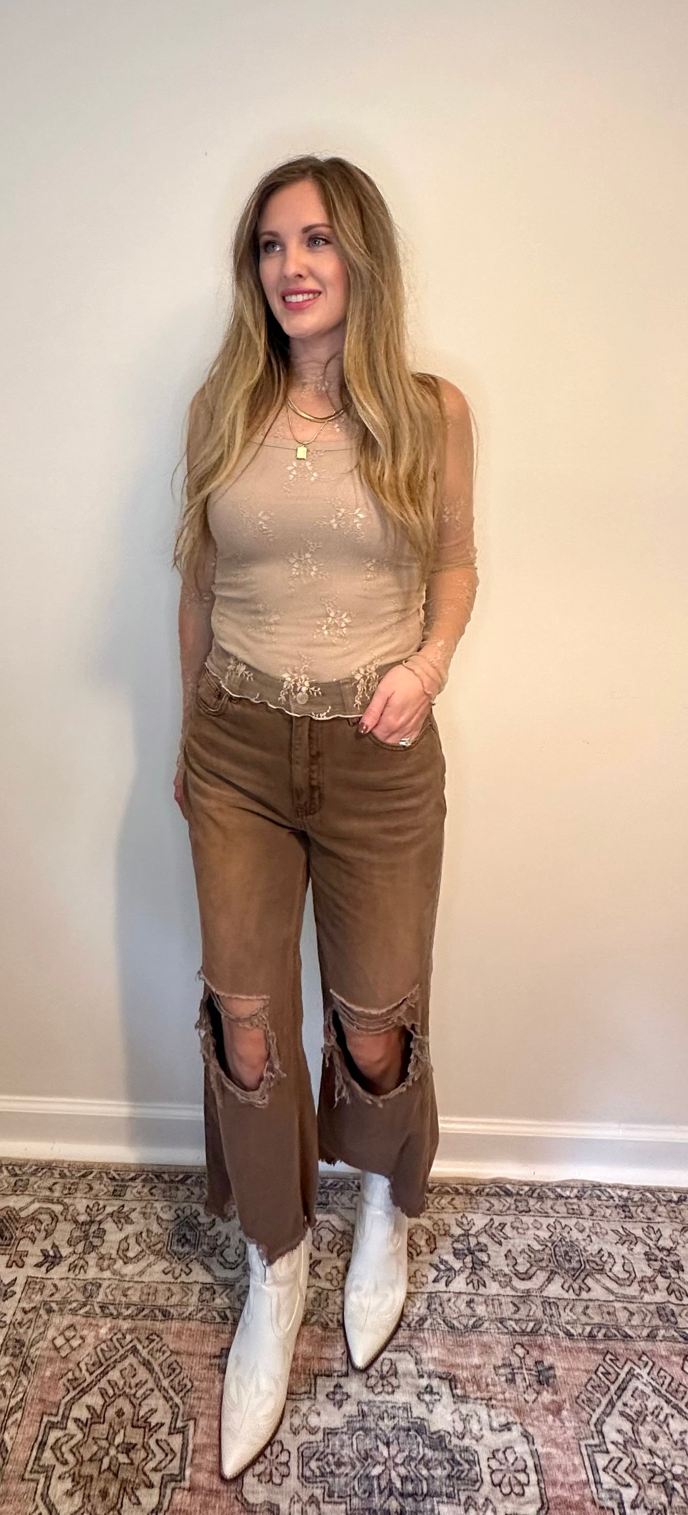 Sheer Lace Mock Neck Long Sleeve Layering Top