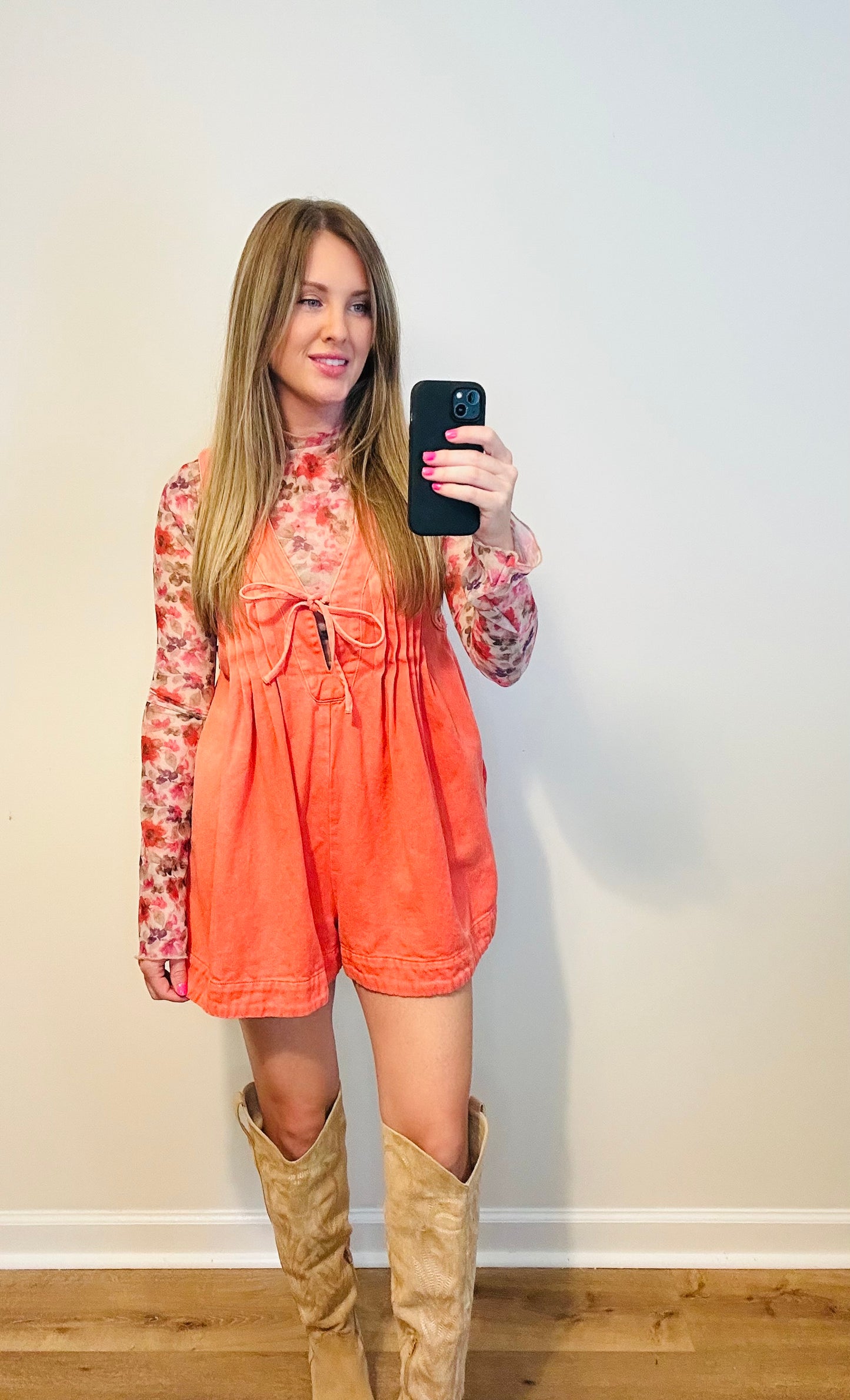Coral Pleated Denim Romper