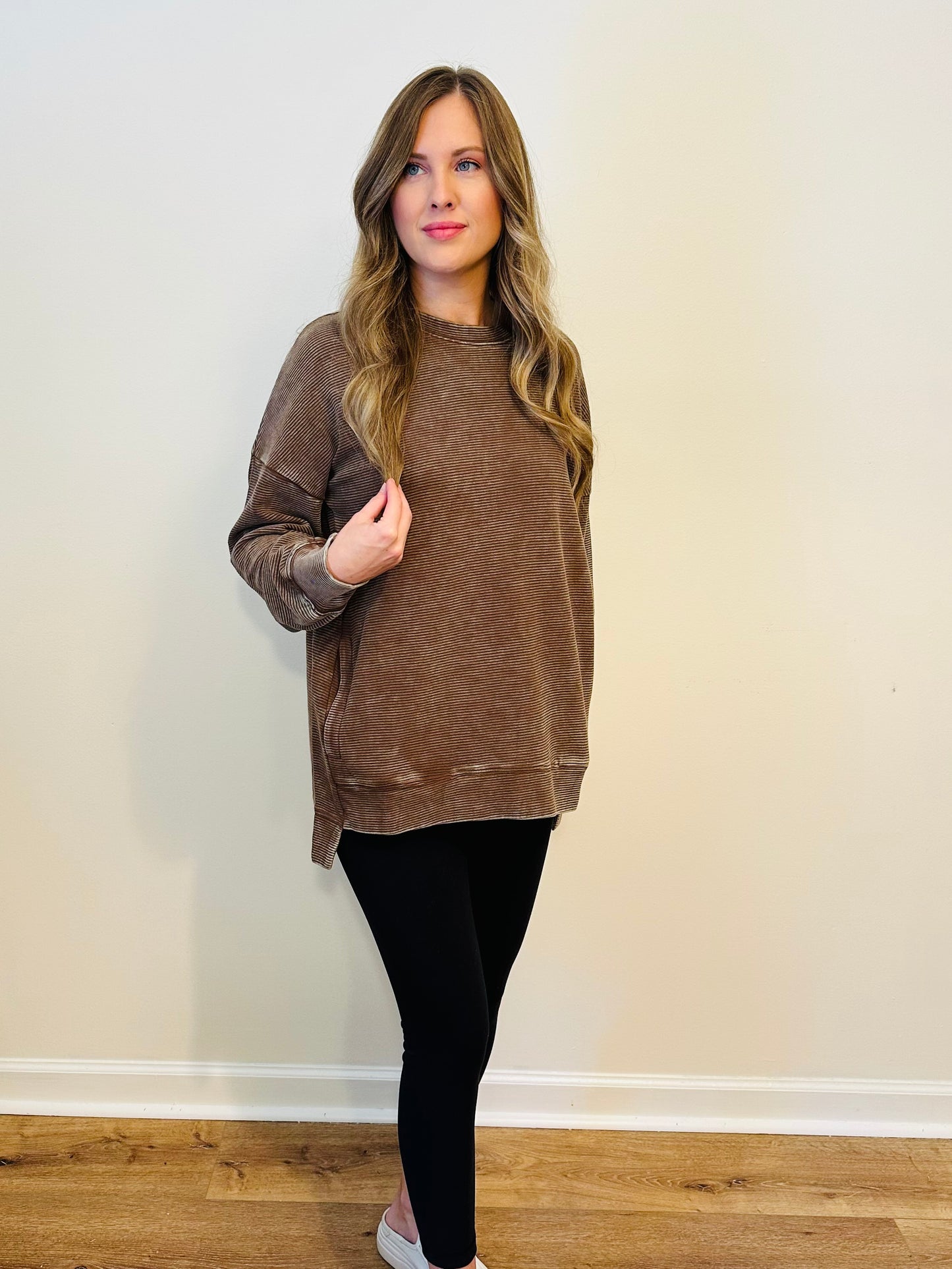 Brown Acid Washed Ribbed Pullover