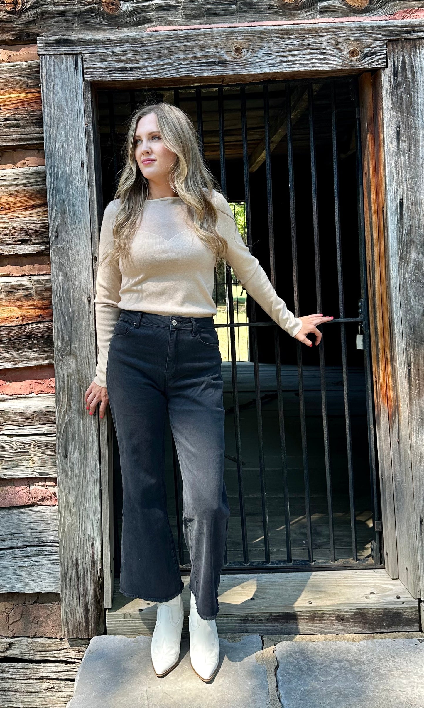High Waist Frayed Hem Denim Pants - Black