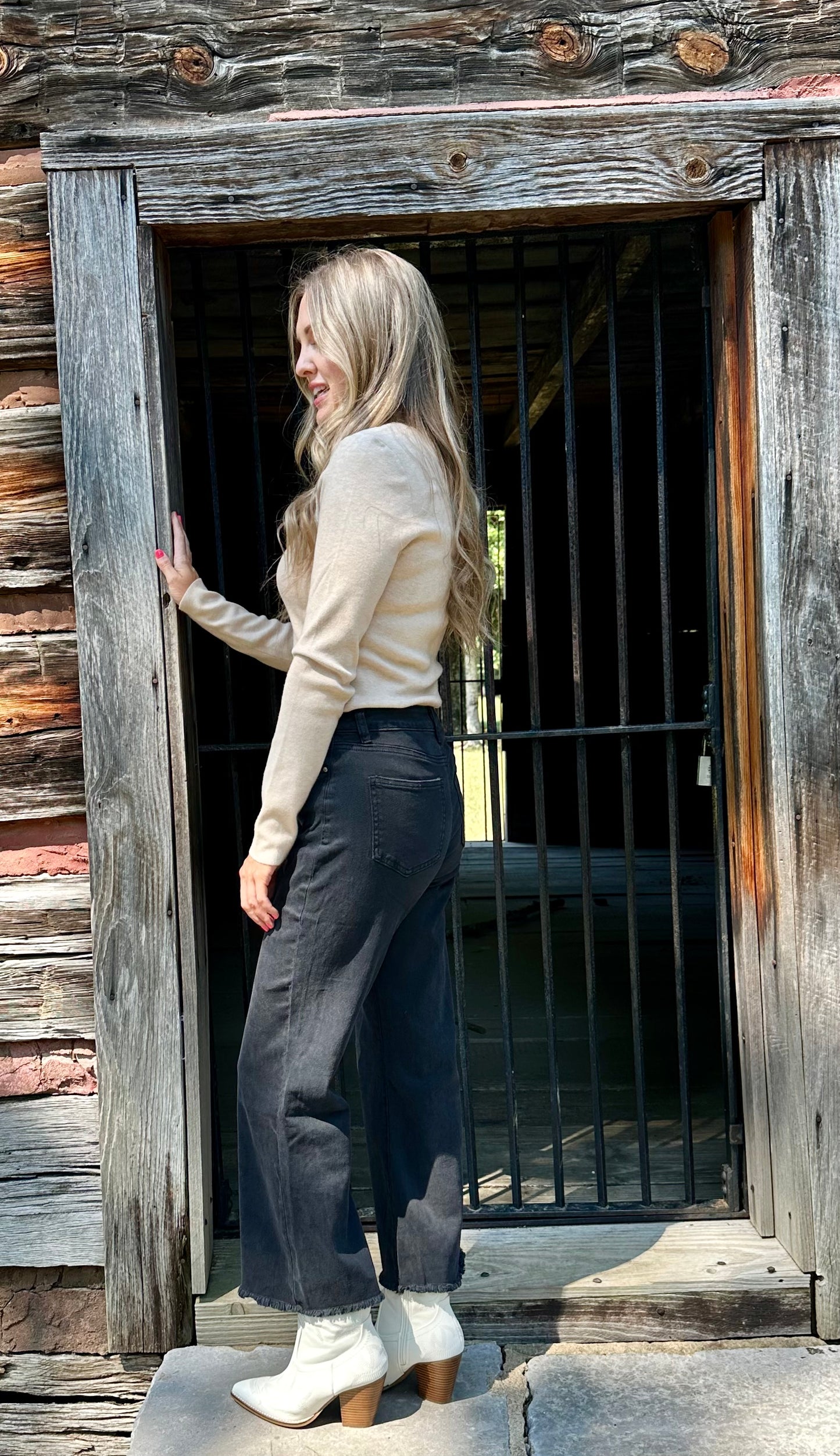 High Waist Frayed Hem Denim Pants - Black
