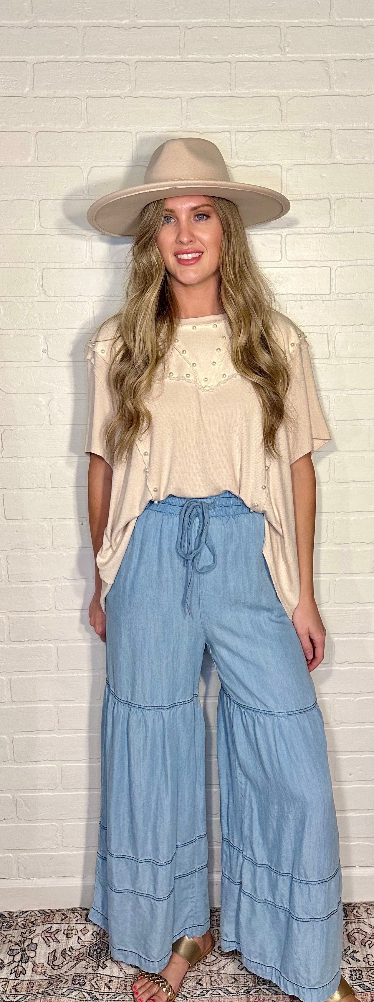Washed Denim Tiered Wide Leg Pants