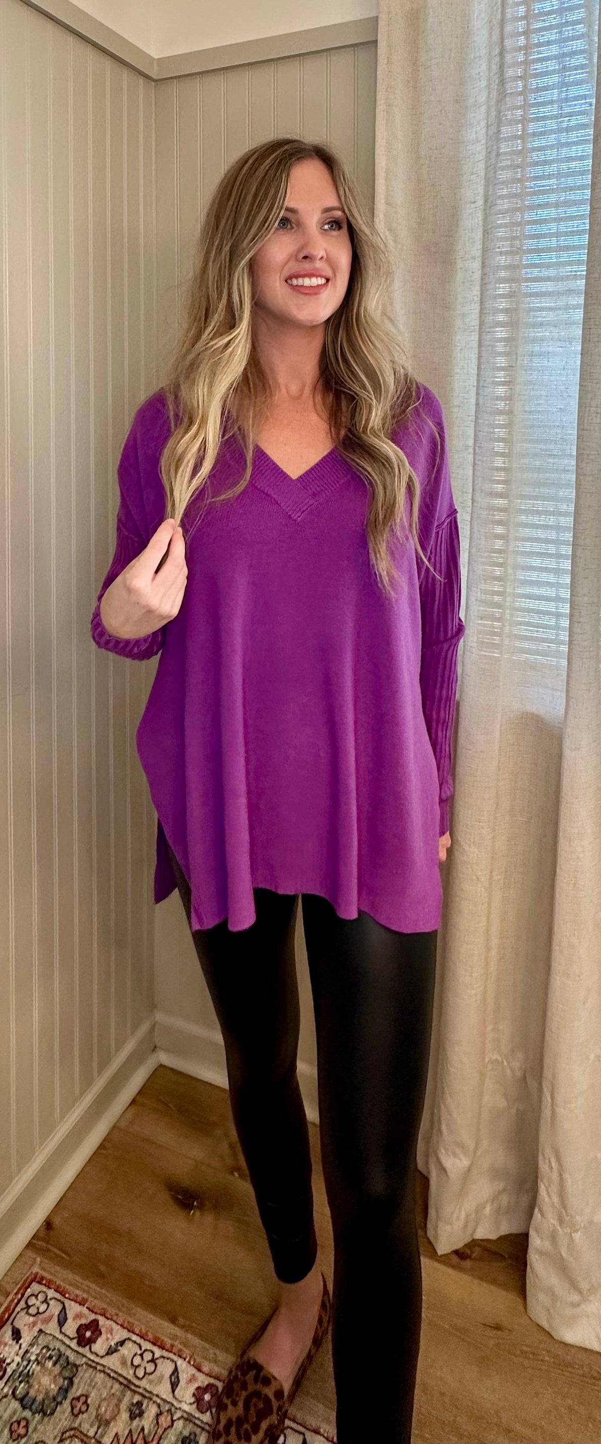 Ribbed Sleeve V-Neck Sweater