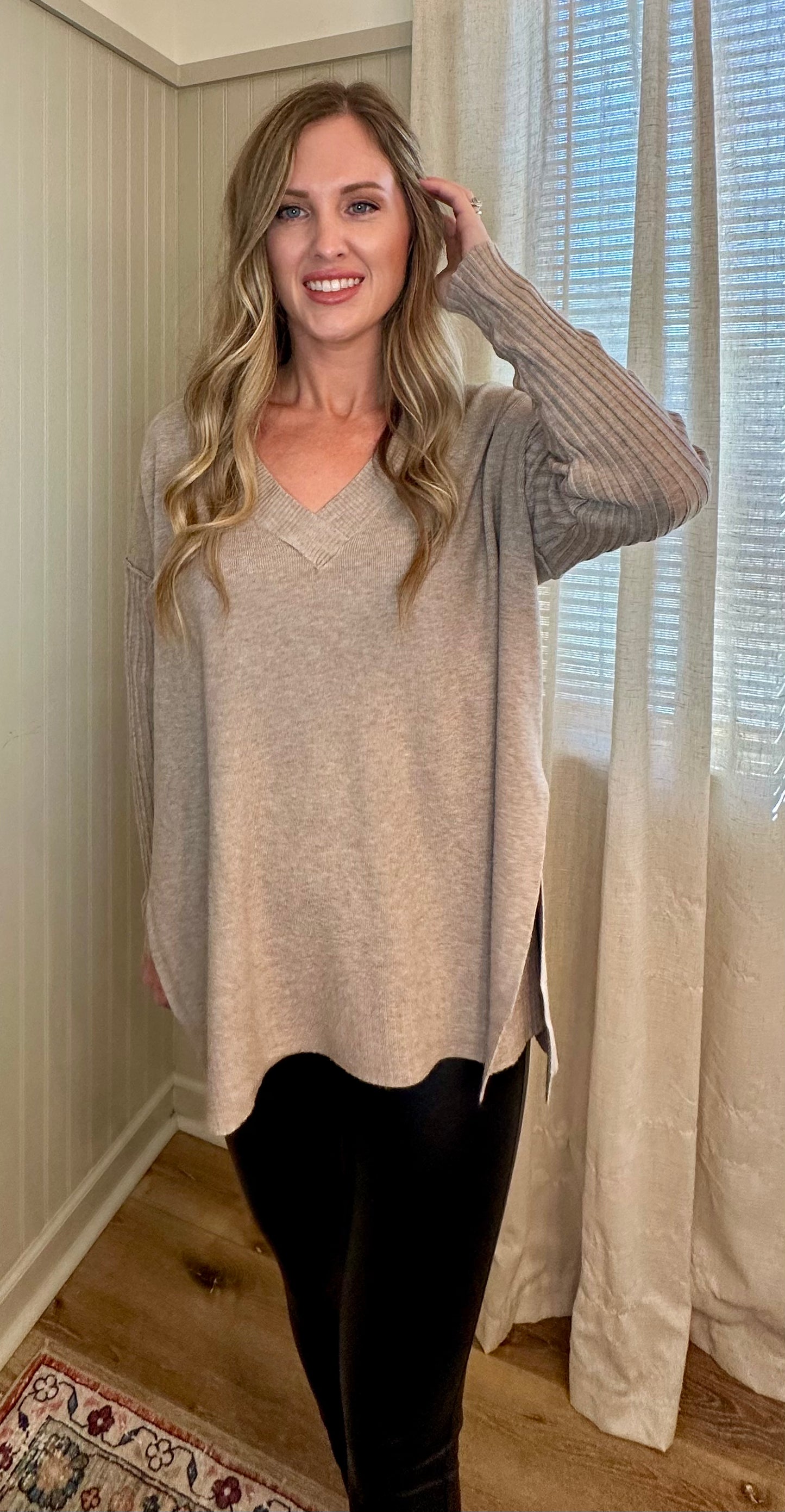 Ribbed Sleeve V-Neck Sweater