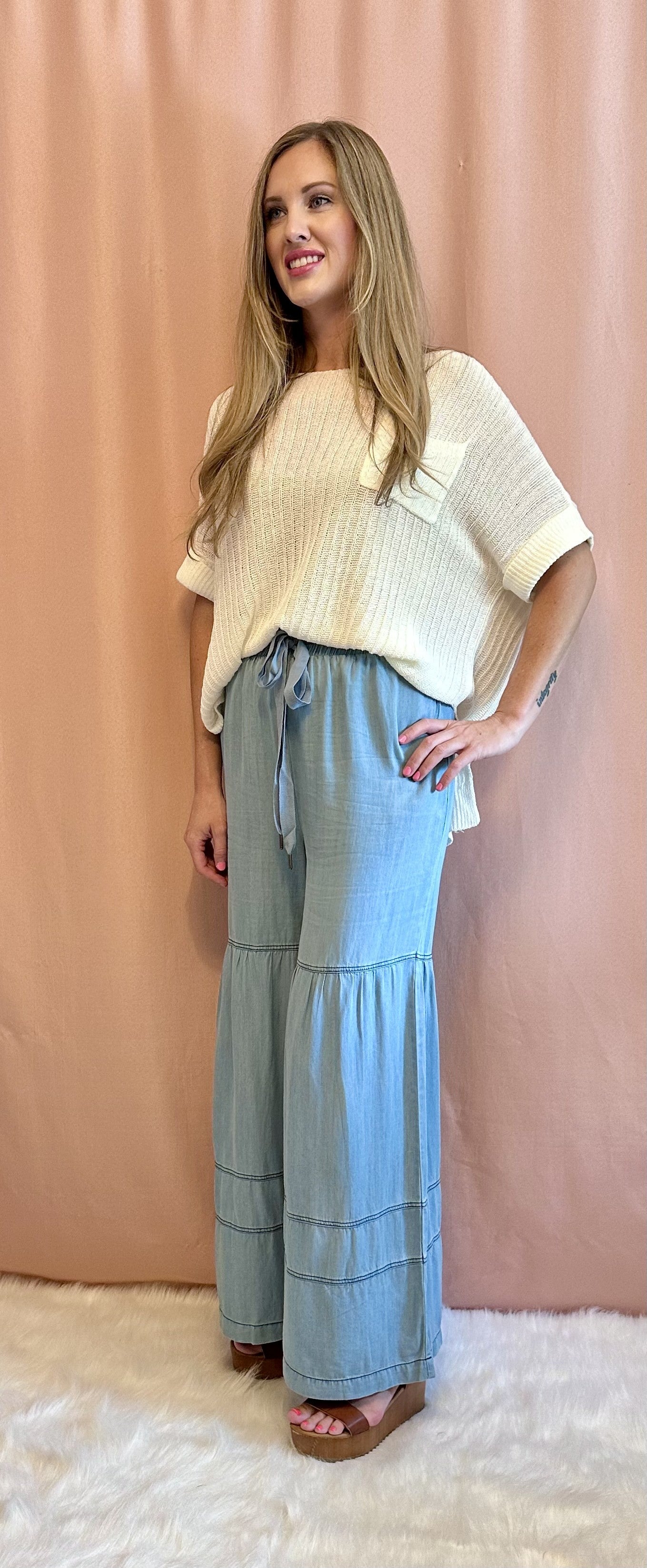 Washed Denim Tiered Wide Leg Pants
