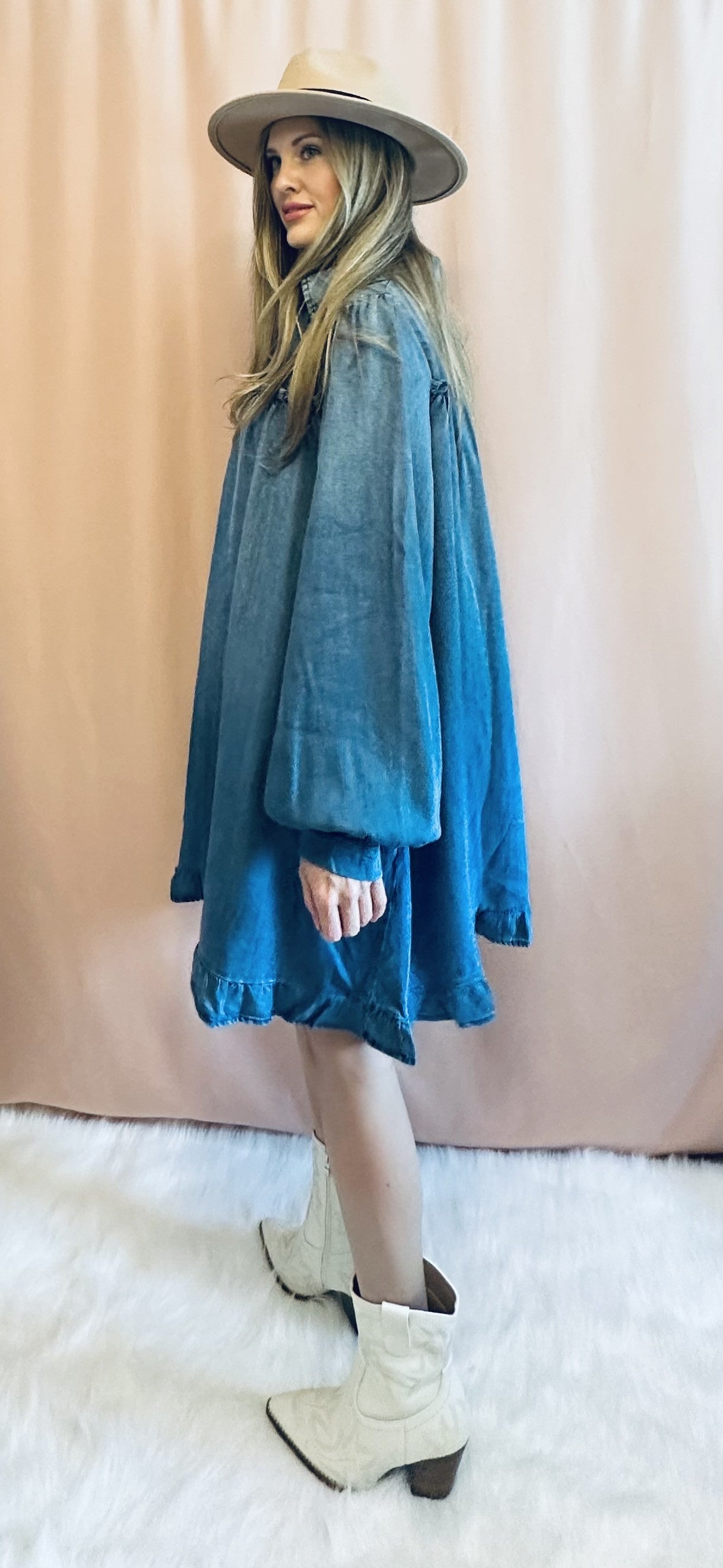 WASHED DENIM RUFFLE BOTTOM DRESS