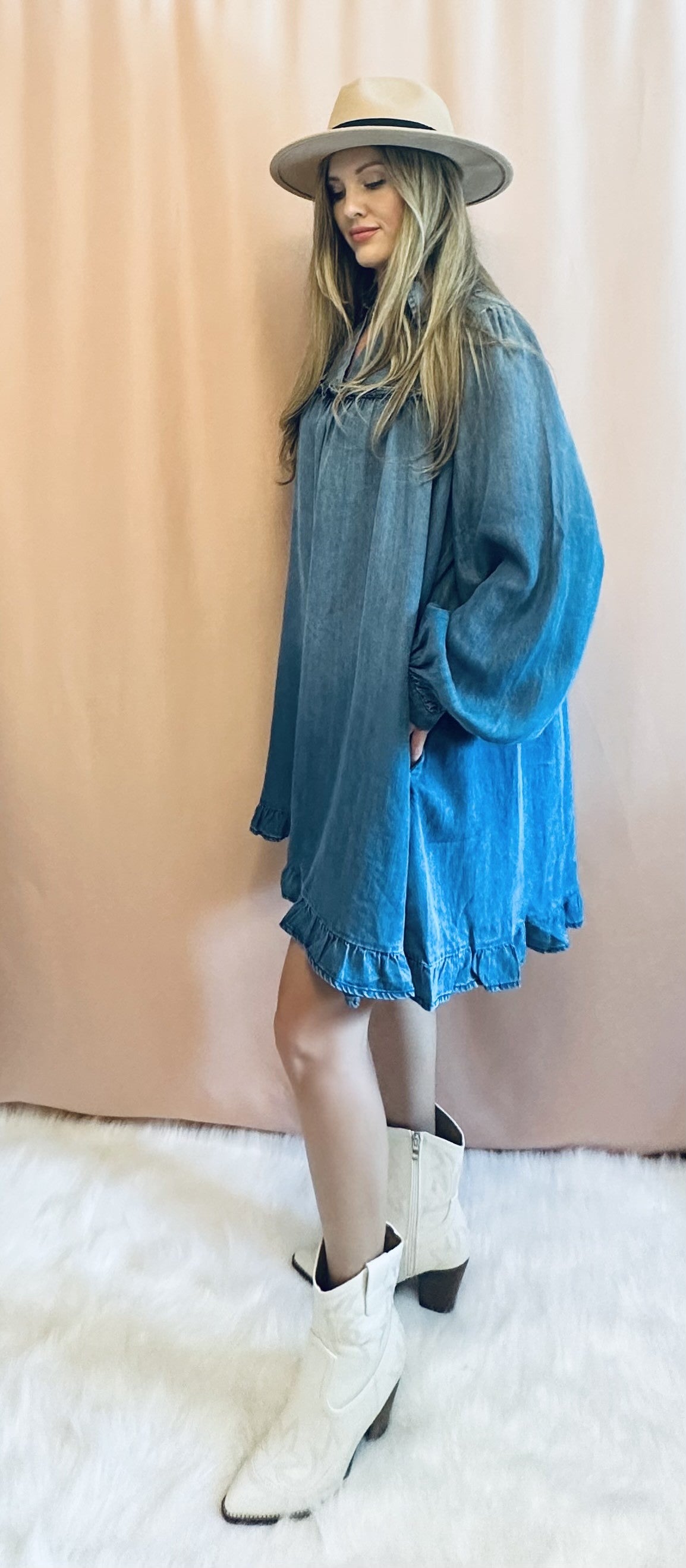 WASHED DENIM RUFFLE BOTTOM DRESS