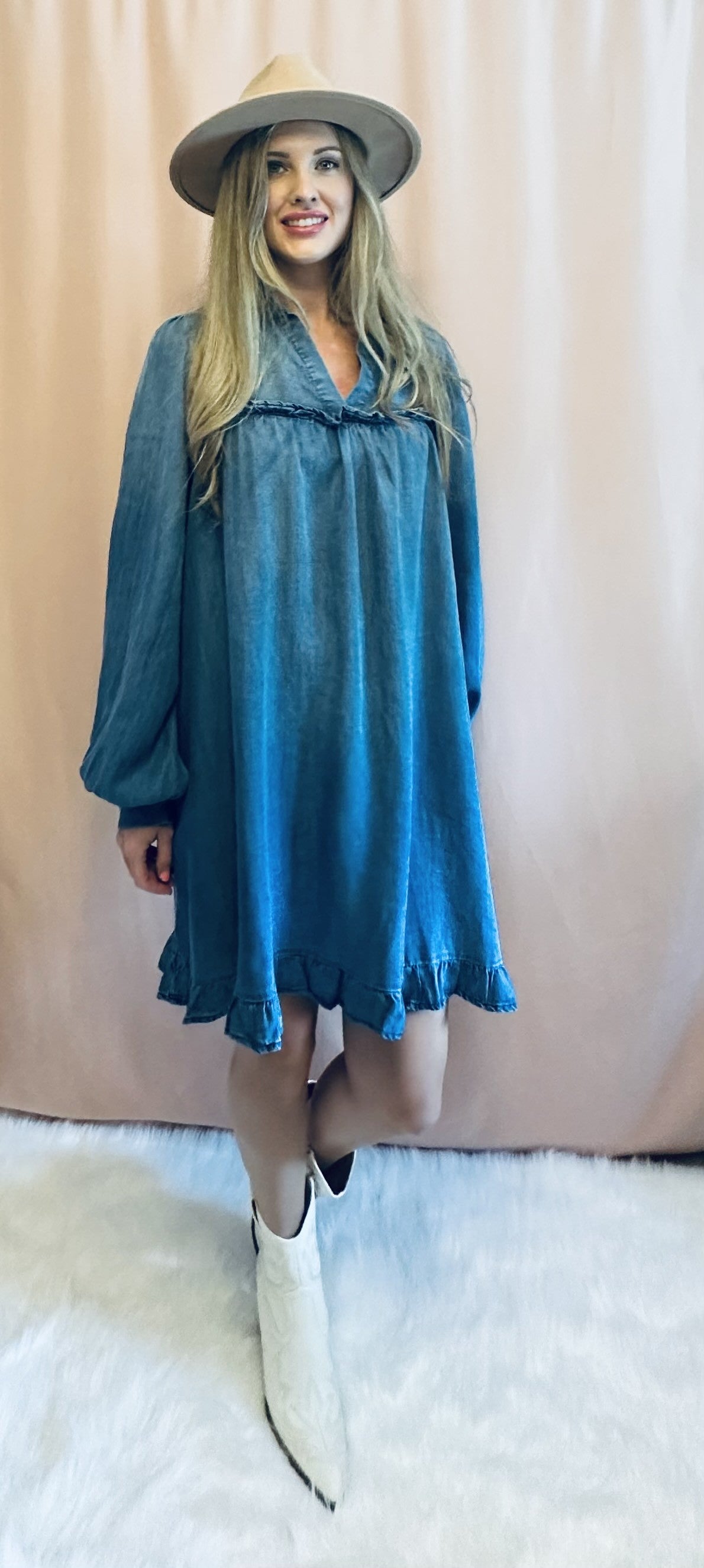 WASHED DENIM RUFFLE BOTTOM DRESS