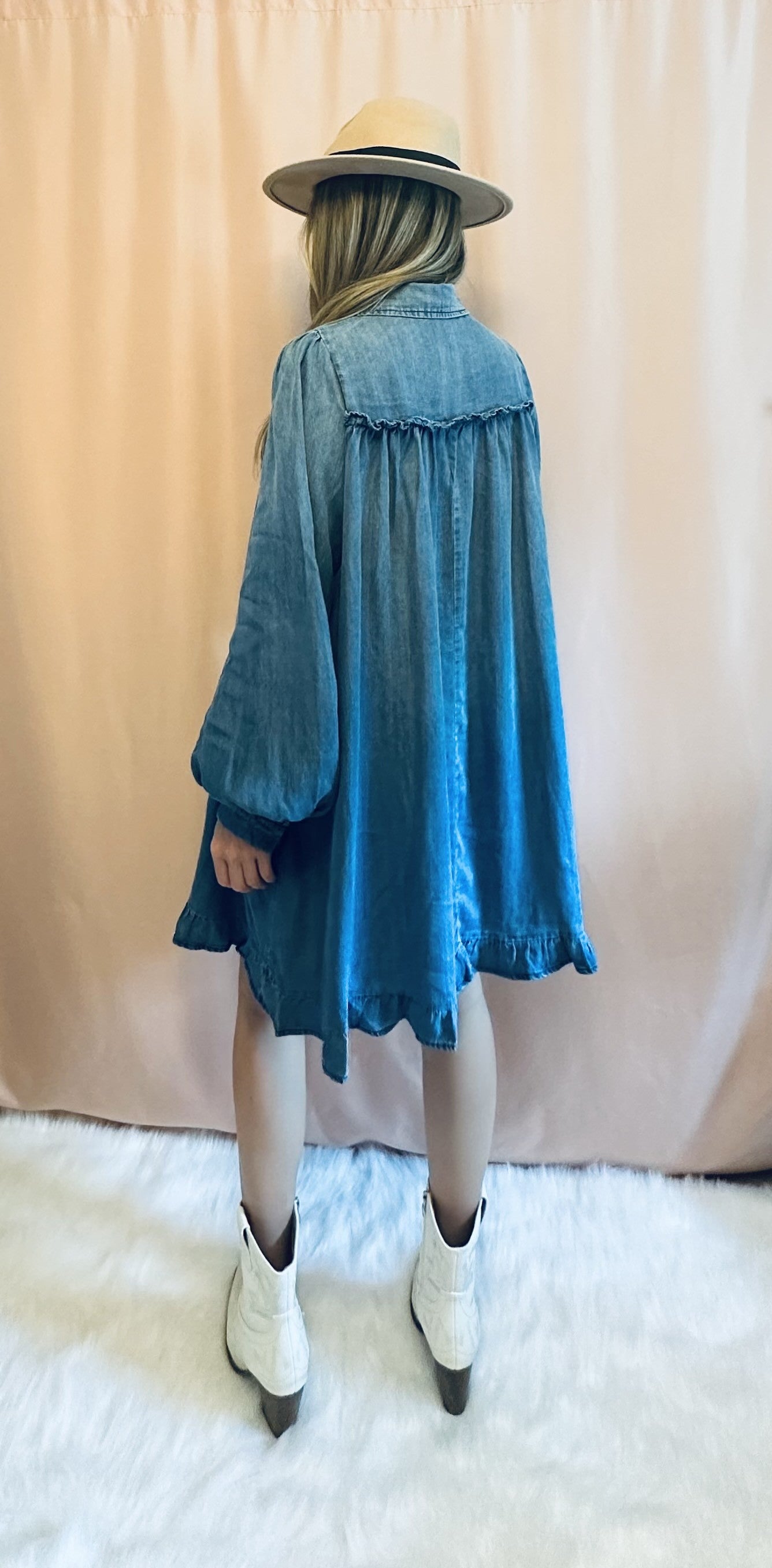 WASHED DENIM RUFFLE BOTTOM DRESS