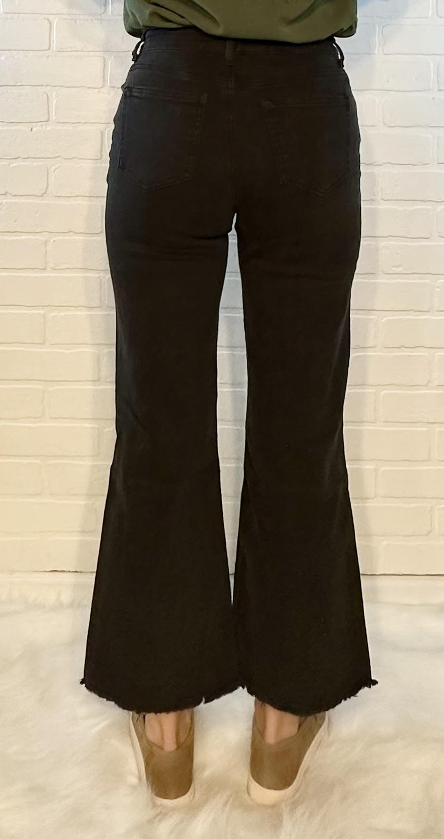 High Waist Frayed Hem Denim Pants - Black