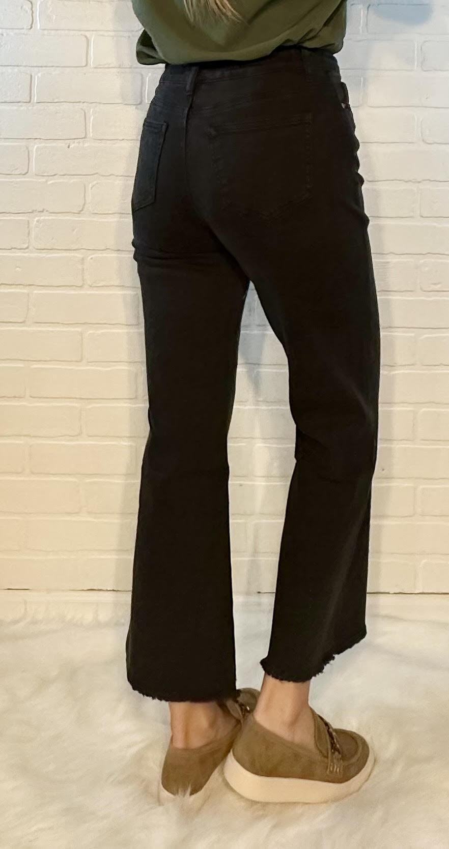High Waist Frayed Hem Denim Pants - Black