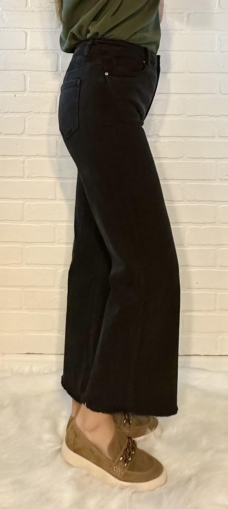 High Waist Frayed Hem Denim Pants - Black