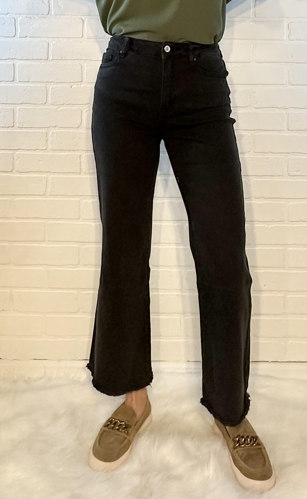 High Waist Frayed Hem Denim Pants - Black