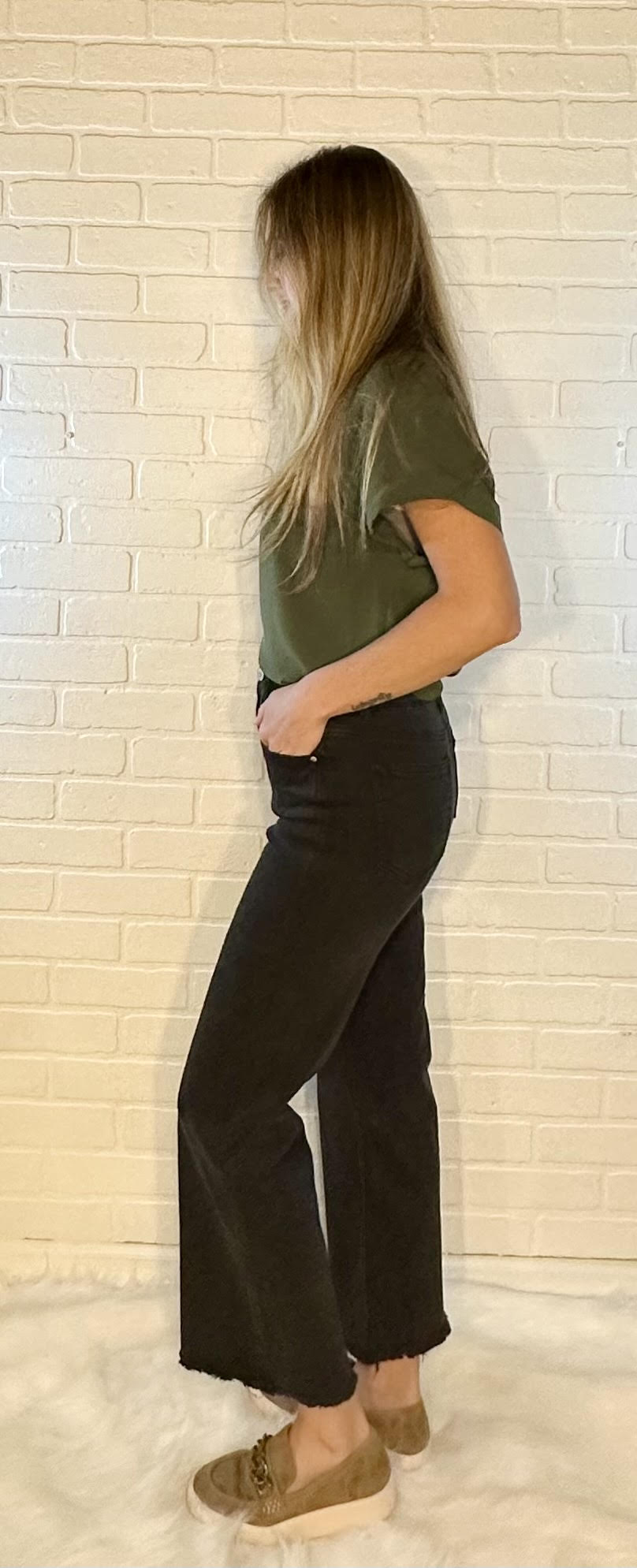 High Waist Frayed Hem Denim Pants - Black