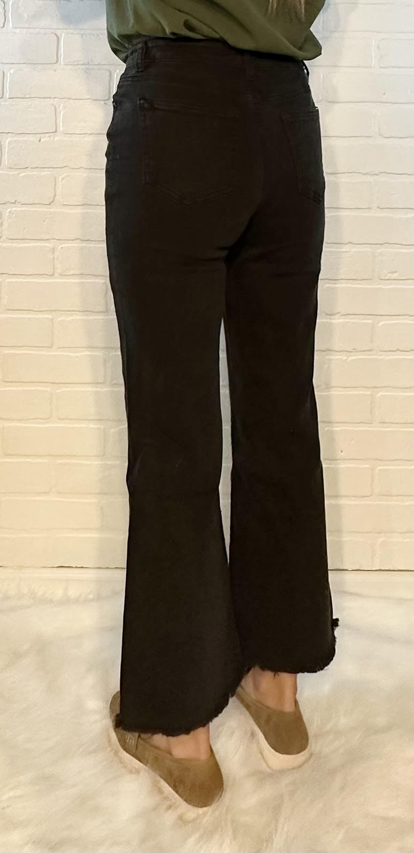 High Waist Frayed Hem Denim Pants - Black