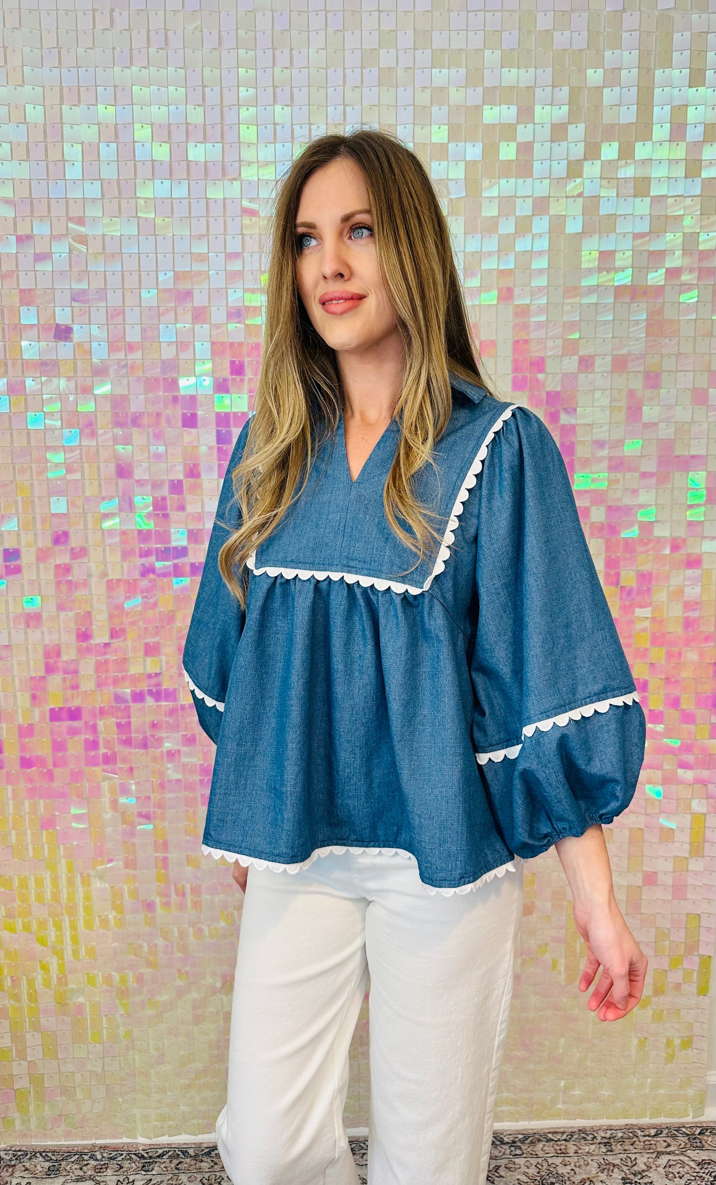 Denim Scallop Top