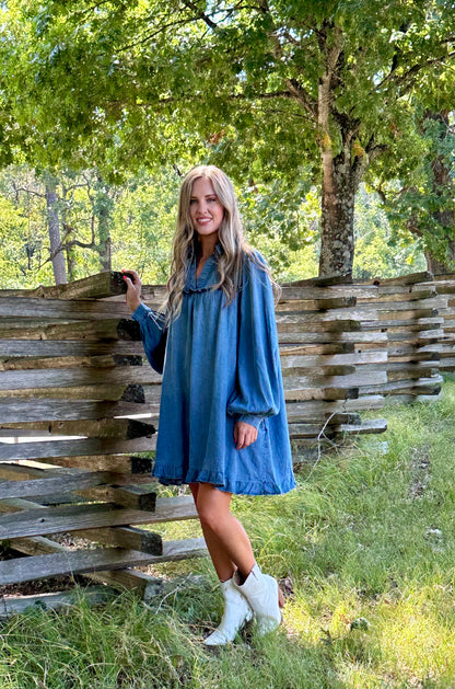 WASHED DENIM RUFFLE BOTTOM DRESS