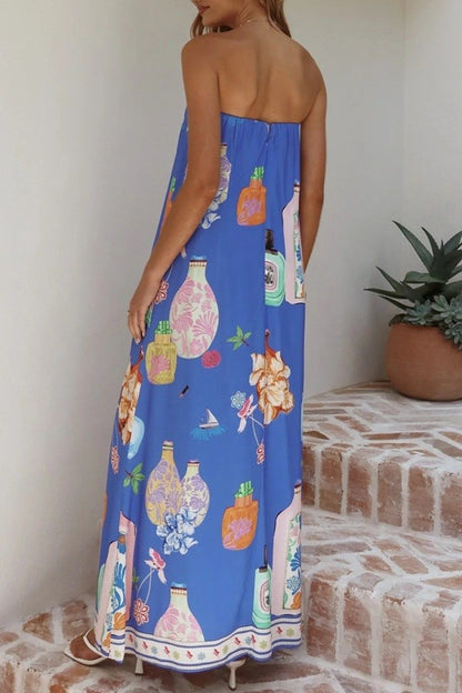 Printed Blue Strapless Maxi Dress