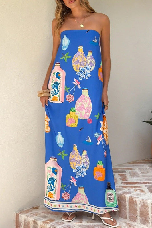 Printed Blue Strapless Maxi Dress