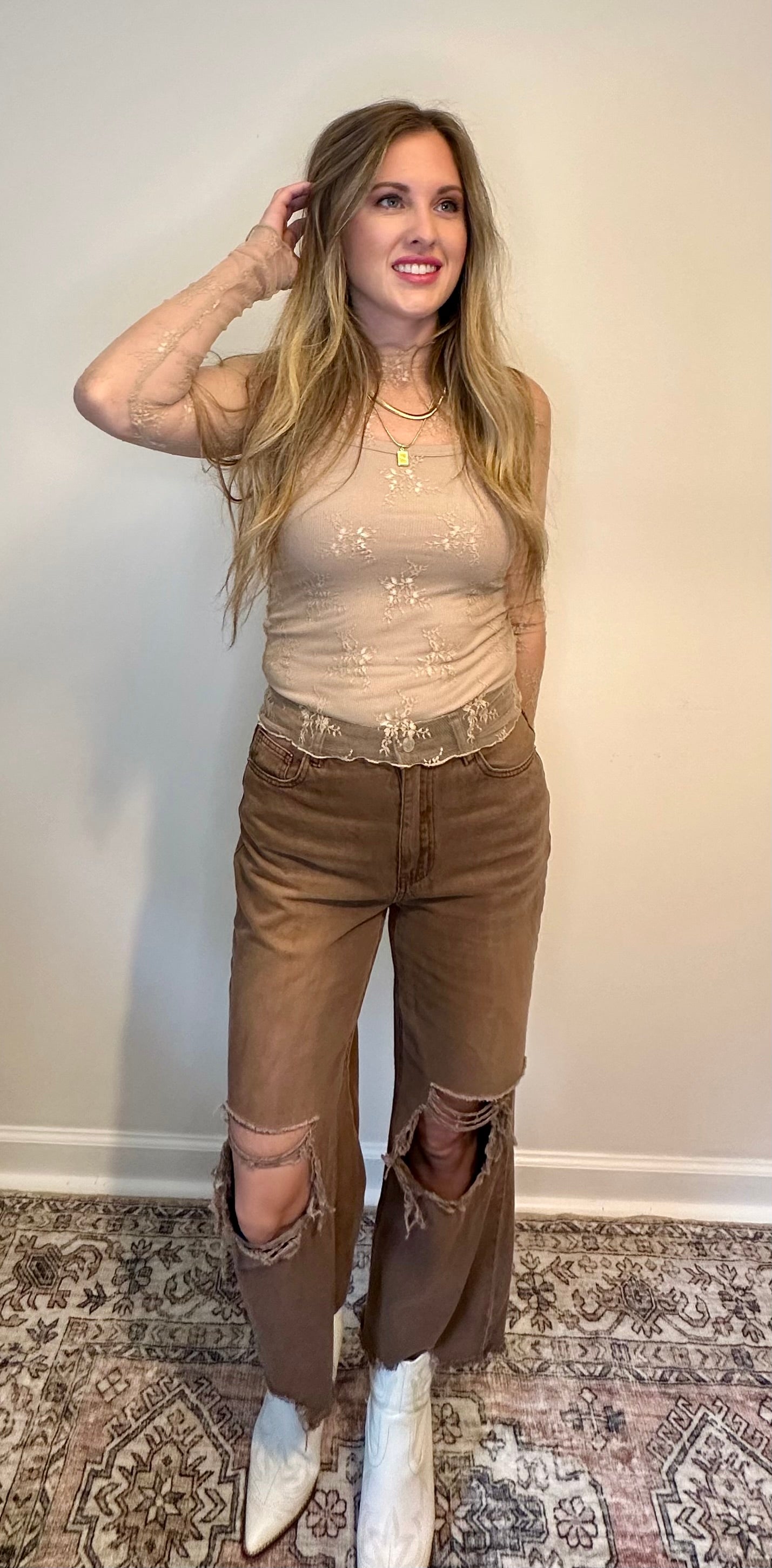 Sheer Lace Mock Neck Long Sleeve Layering Top