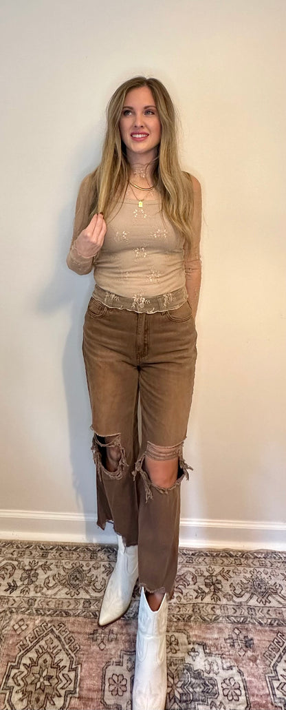 Sheer Lace Mock Neck Long Sleeve Layering Top