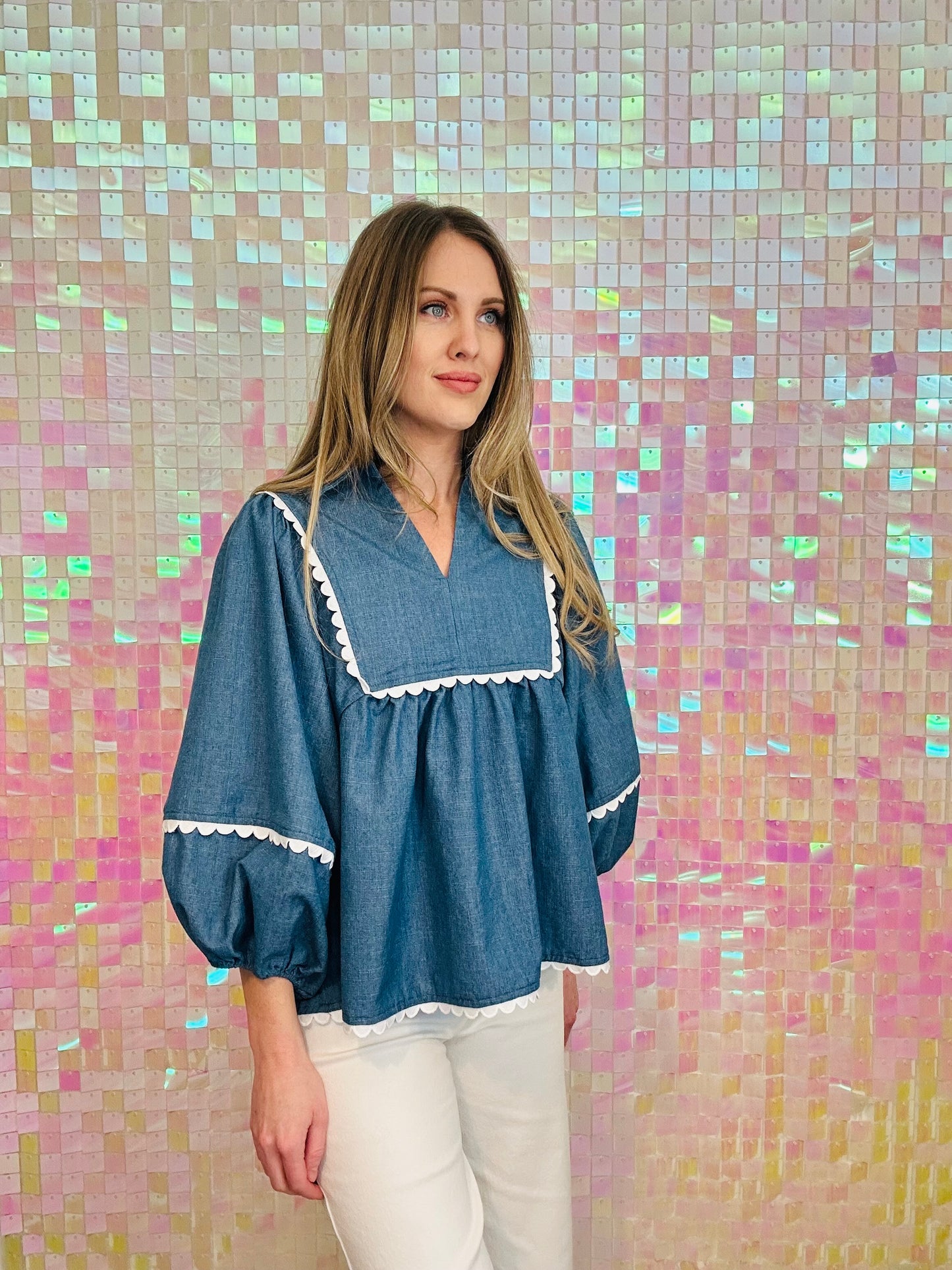 Denim Scallop Top