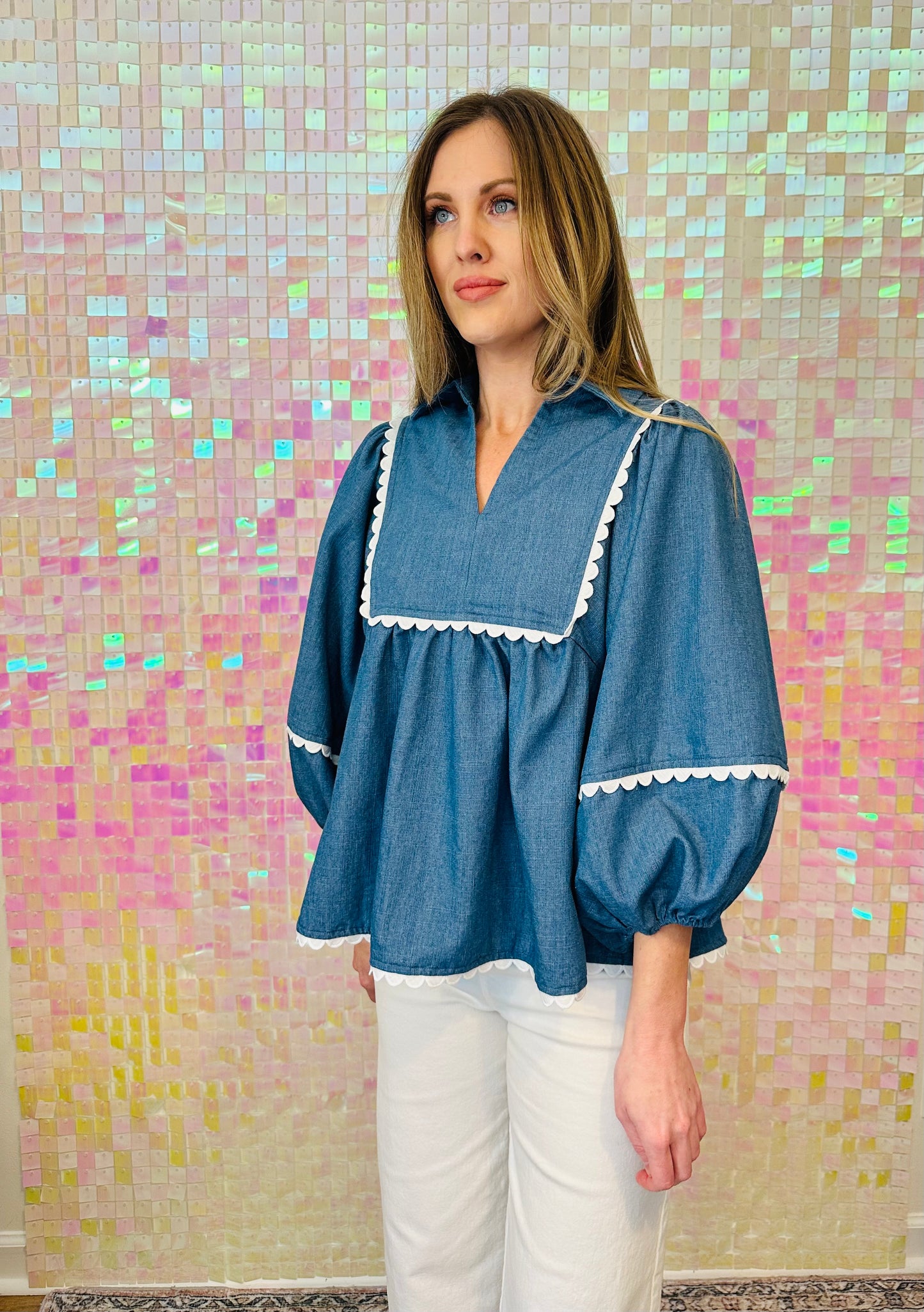 Denim Scallop Top
