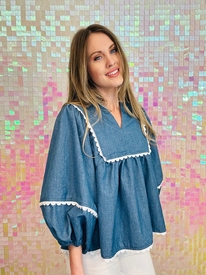 Denim Scallop Top