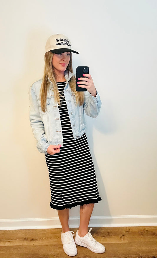 Stripe Sleeveless Sweater Knit Maxi Dress With Ruffled Hem