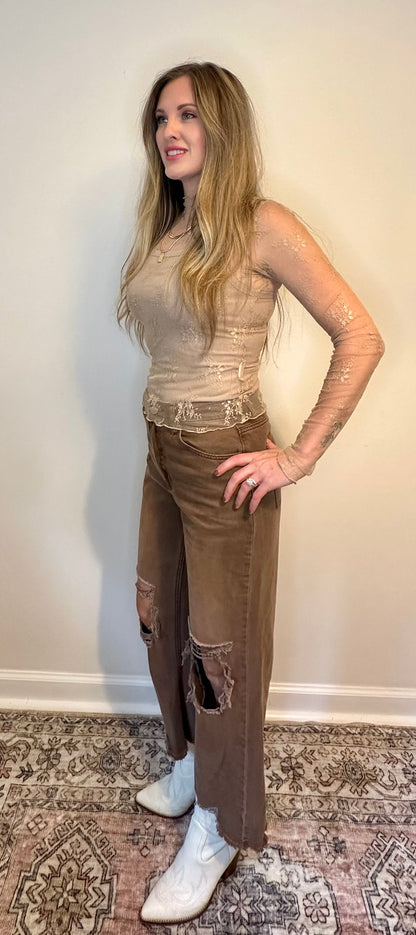 Sheer Lace Mock Neck Long Sleeve Layering Top