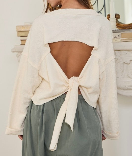 Cutout Back Adjustable Tie Terry Top - Ivory