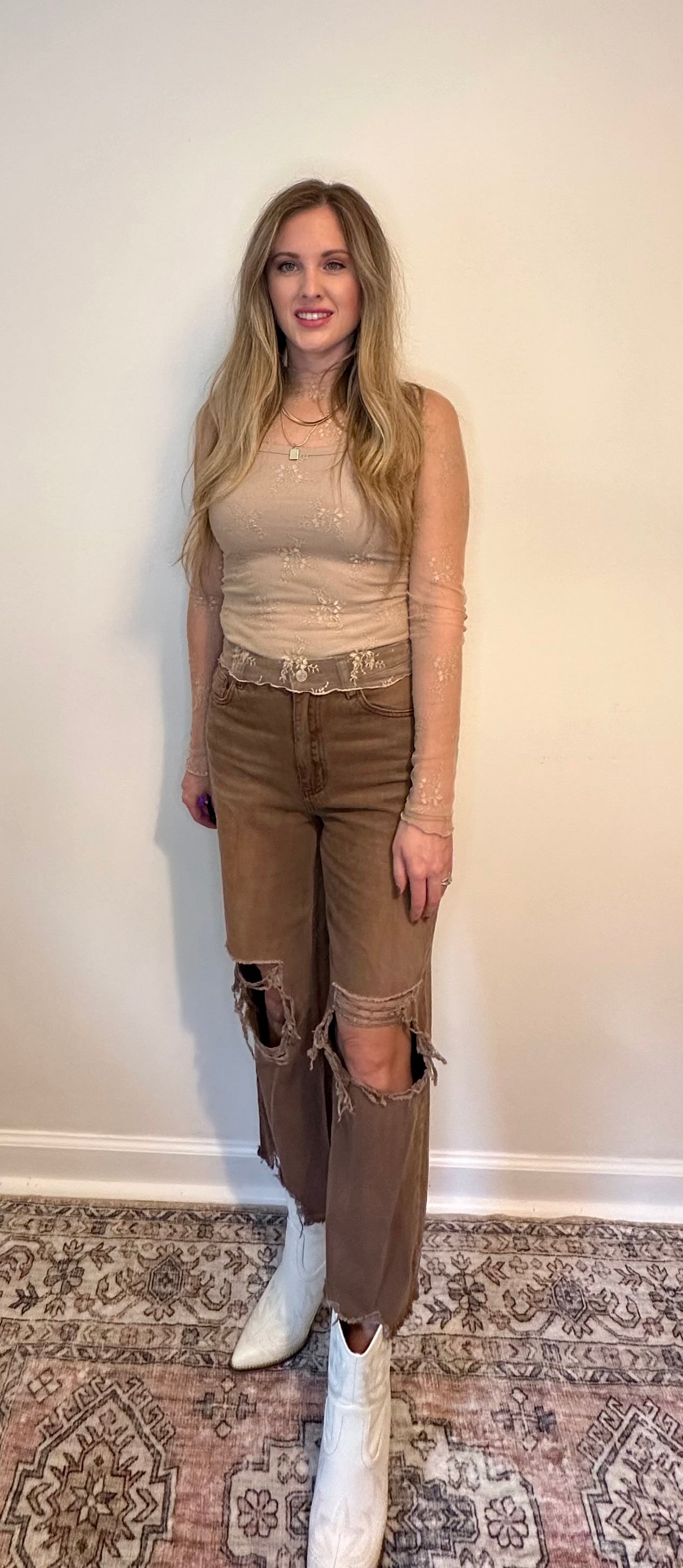 Sheer Lace Mock Neck Long Sleeve Layering Top