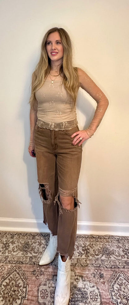 Sheer Lace Mock Neck Long Sleeve Layering Top