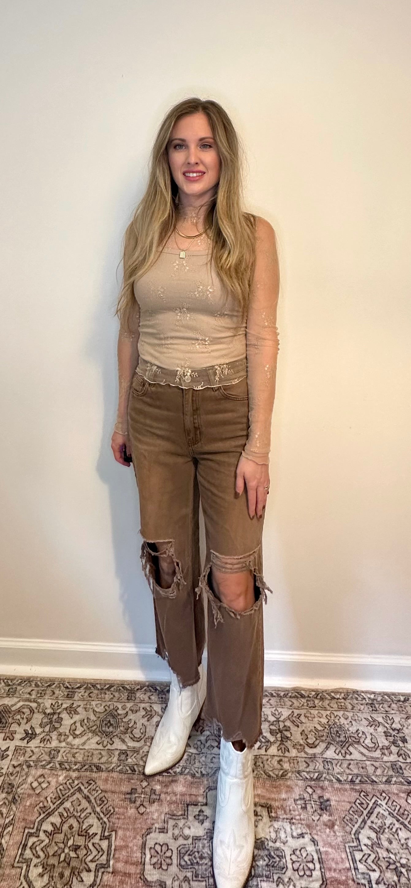 Sheer Lace Mock Neck Long Sleeve Layering Top