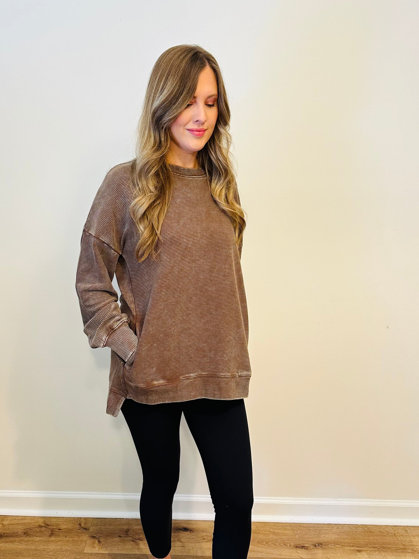 Brown Acid Washed Ribbed Pullover