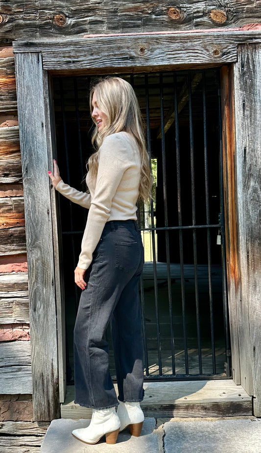 High Waist Frayed Hem Denim Pants - Black