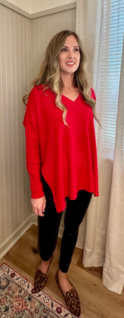 Ribbed Sleeve V-Neck Sweater