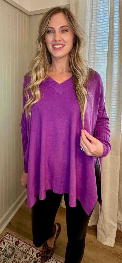 Ribbed Sleeve V-Neck Sweater