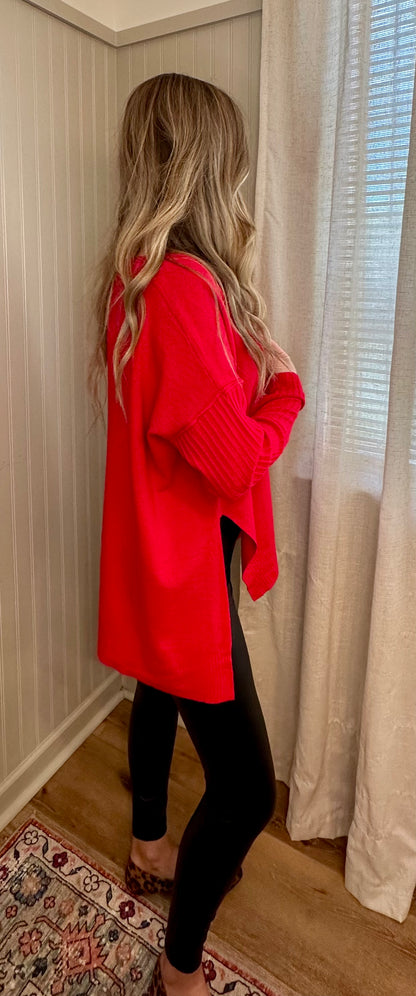 Ribbed Sleeve V-Neck Sweater