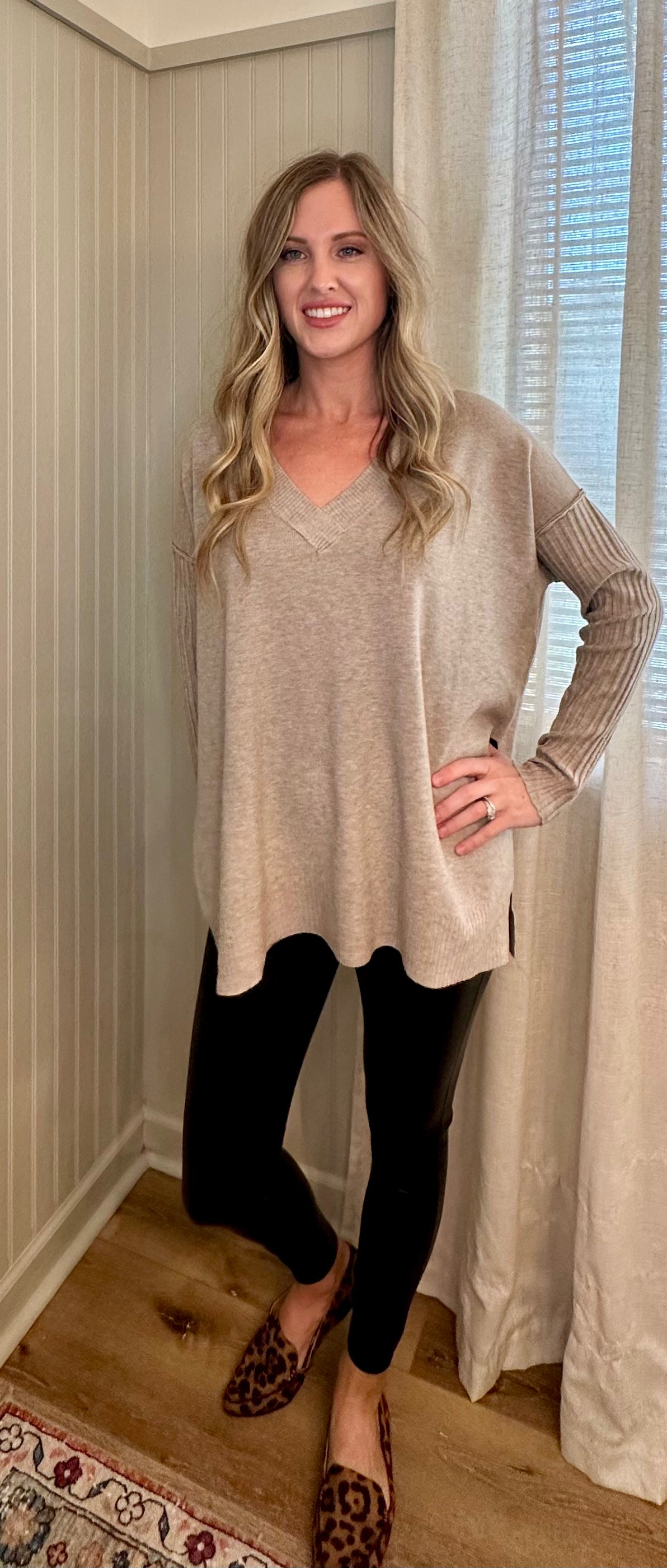 Ribbed Sleeve V-Neck Sweater