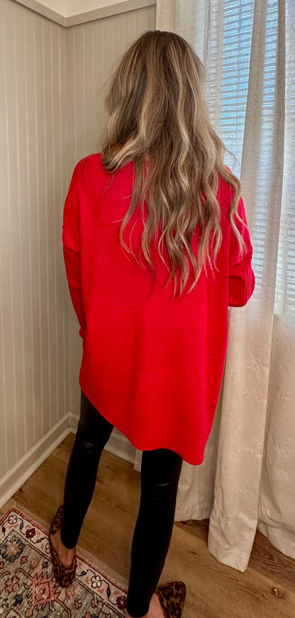 Ribbed Sleeve V-Neck Sweater