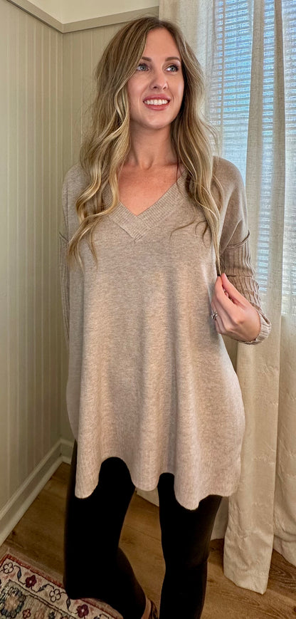 Ribbed Sleeve V-Neck Sweater
