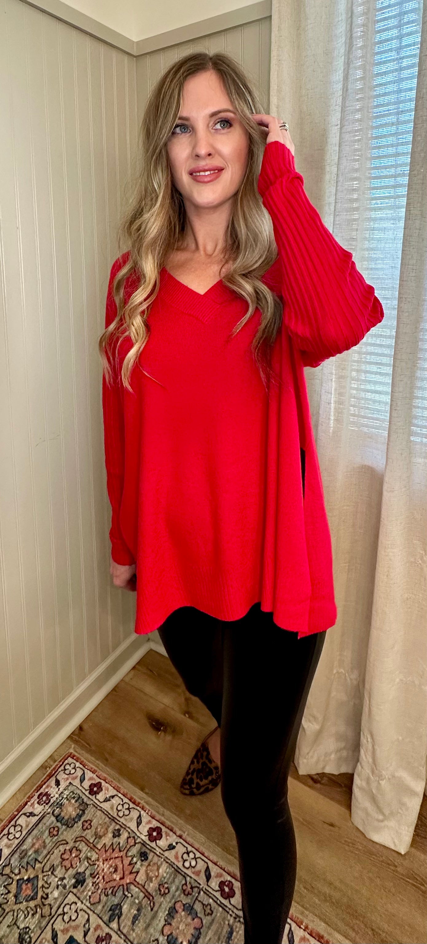 Ribbed Sleeve V-Neck Sweater