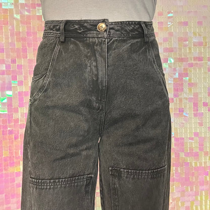 SO ME Mineral Washed Mid Rise Barrel Shape Pants - black
