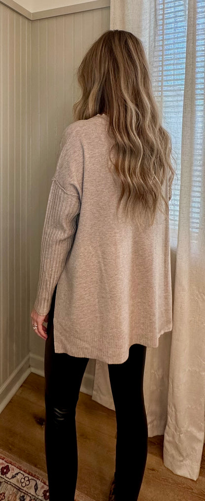 Ribbed Sleeve V-Neck Sweater