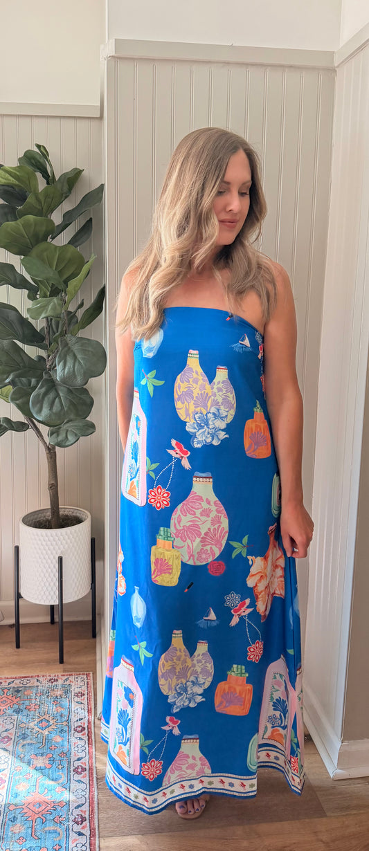 Printed Blue Strapless Maxi Dress