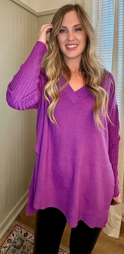 Ribbed Sleeve V-Neck Sweater
