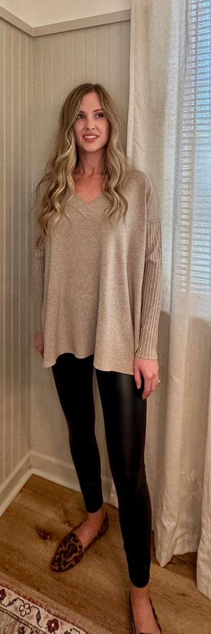 Ribbed Sleeve V-Neck Sweater